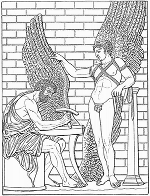 Daedalus crafting wings for his son Icarus.
