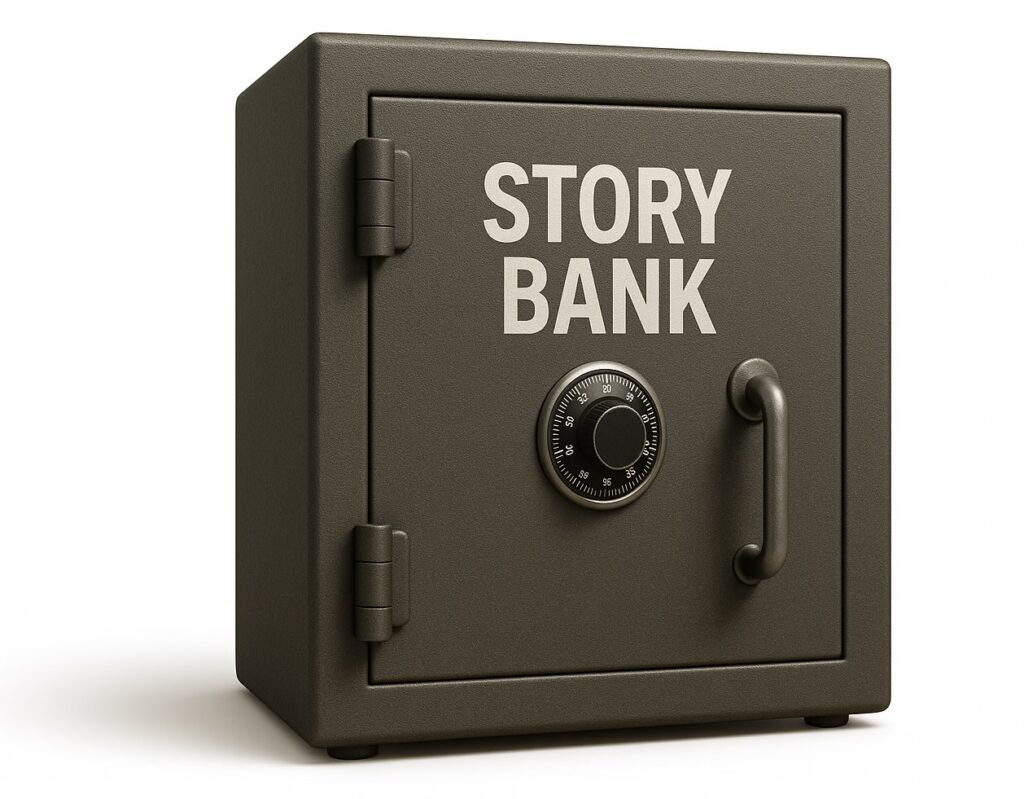 Four essential Story Bank categories - Professional Transformation, Client Success, Authority Validation, Framework Demonstration for strategic content