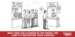 Golfers lined up for new technology at a pro shop, while only one seeks golf lessons—visual metaphor showing most choose tech over fundamentals