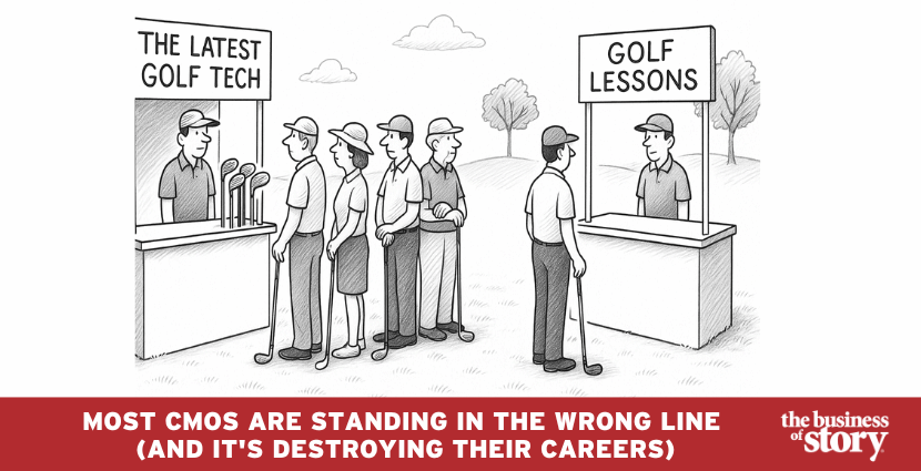 Golfers lined up for new technology at a pro shop, while only one seeks golf lessons—visual metaphor showing most choose tech over fundamentals