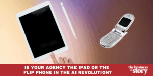Image of iPad compared to a mobile flip phone as a metaphor for the adoption of AI by ad agencies.