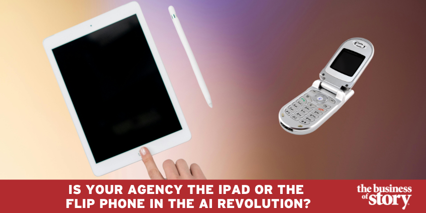 Image of iPad compared to a mobile flip phone as a metaphor for the adoption of AI by ad agencies.