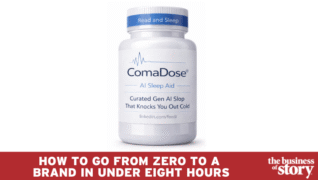 ComaDose® bottle with playful branding, satirical sleep aid for AI-powered content marketing