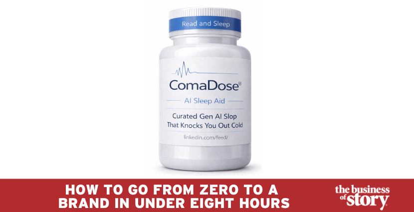 ComaDose® bottle with playful branding, satirical sleep aid for AI-powered content marketing