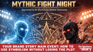 Brand storyteller standing in an octagon arena, facing a shadowy figure, with a glowing lotus mandala in the background—symbolizing narrative transformation, brand authenticity, and the integration of symbolism in modern marketing.