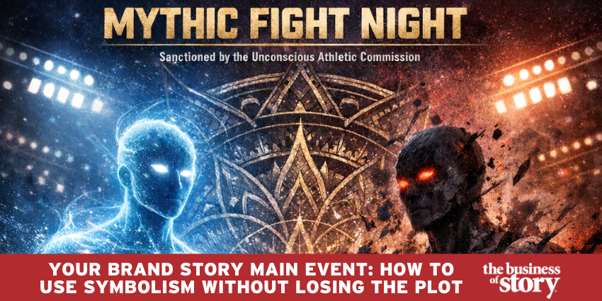 Brand storyteller standing in an octagon arena, facing a shadowy figure, with a glowing lotus mandala in the background—symbolizing narrative transformation, brand authenticity, and the integration of symbolism in modern marketing.