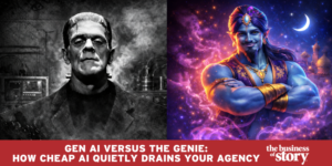 Frankenstein Gen AI versus the StoryCycle Genie: How the Invisible villain siphoning creative energy, money and resources from a modern agency, symbolizing hidden costs of cheap generative AI.