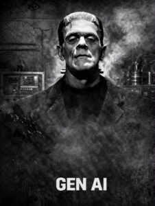 Frankenstein’s monster built from mismatched AI parts, symbolizing the misunderstood and costly nature of generic Gen AI tools in agency workflows.