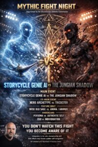Mythic Fight Night poster: StoryCycle Genie® confronts the Jungian Shadow before a radiant lotus mandala, symbolizing brand storytelling transformation, narrative integration, and archetypal symbolism in branding.