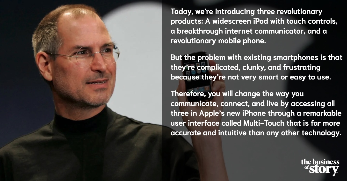 Steve Jobs on stage holding the first iPhone, illustrating the ABT narrative: introducing three revolutionary products, highlighting smartphone frustrations, and revealing Apple’s breakthrough solution.