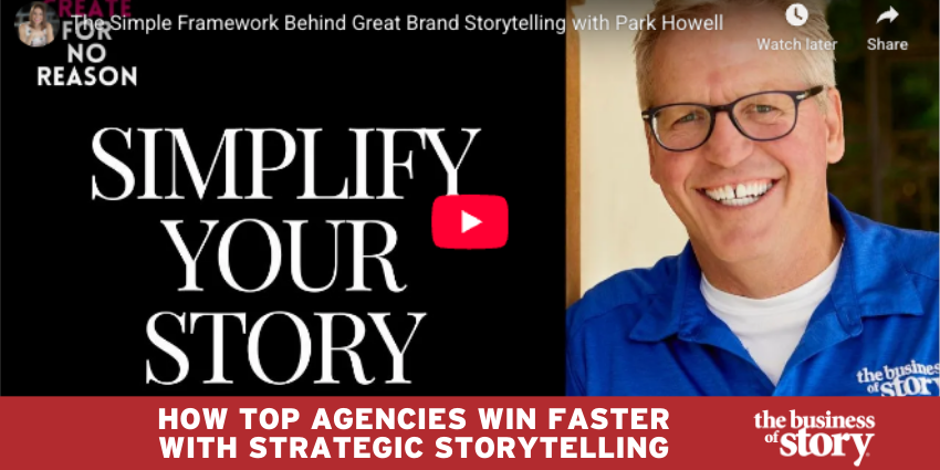 Park Howell smiling as a guest on Kate Vollman’s “Create for No Reason” podcast, discussing strategic storytelling for ad agencies and brand leaders.