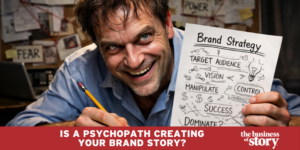 Abstract illustration of a split human face, half expressive and warm, half cold and artificial, symbolizing the contrast between authentic storytelling and AI-generated narratives. Headline text: 'Is a Psychopath Creating Your Brand Story?'