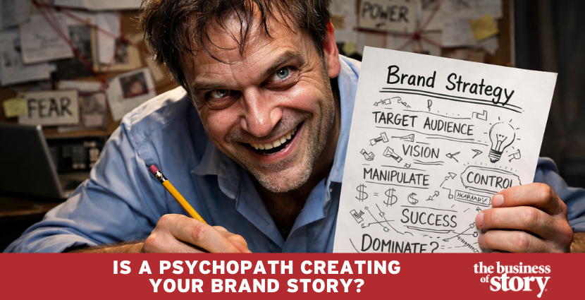 Abstract illustration of a split human face, half expressive and warm, half cold and artificial, symbolizing the contrast between authentic storytelling and AI-generated narratives. Headline text: 'Is a Psychopath Creating Your Brand Story?'