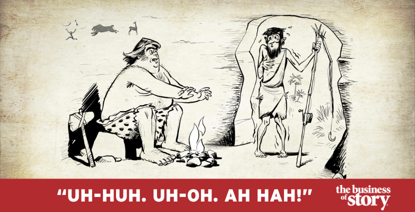 Cavemen Larry and Thog in a prehistoric cave discover the And-But-Therefore storytelling framework — illustrating the 70,000-year-old limbic brain narrative software explored by Park Howell and StoryCycle Genie®
