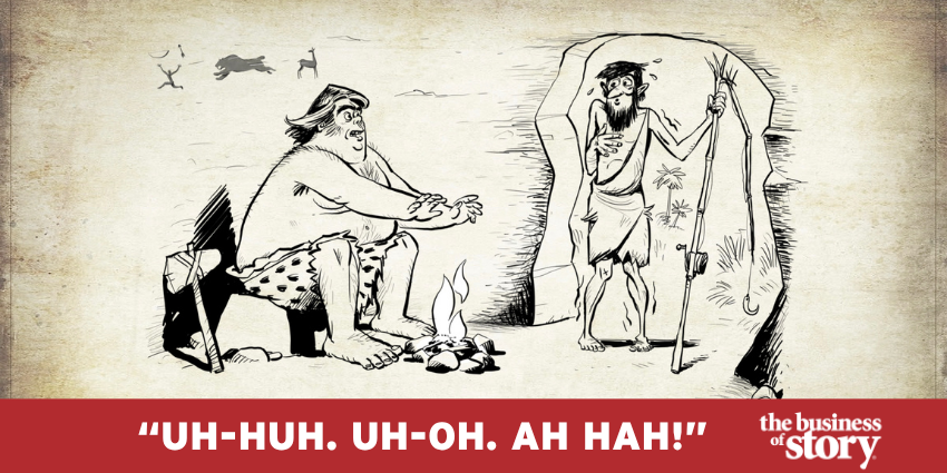 Cavemen Larry and Thog in a prehistoric cave discover the And-But-Therefore storytelling framework — illustrating the 70,000-year-old limbic brain narrative software explored by Park Howell and StoryCycle Genie®