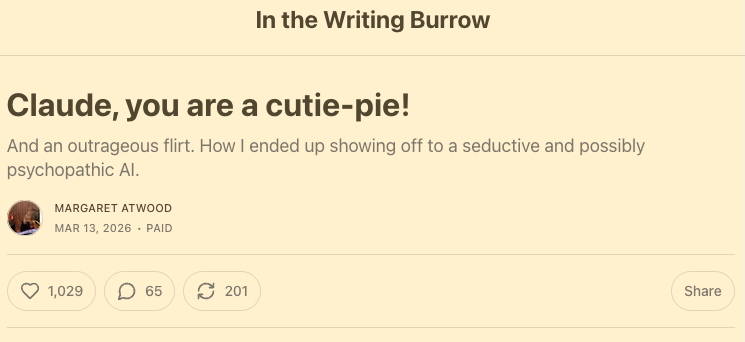 Margaret Atwood’s Substack newsletter, The Writing Burrow, featuring a cozy writing nook with books, a typewriter, and Atwood’s signature glasses.
