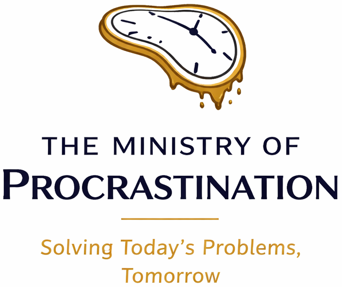 Logo image of the new brand: The Ministry of Procrastination: Solving Today's Problems, Tomorrow.