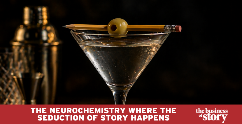 A martini glass with a pencil standing in place of the olive — a visual metaphor for the neuroscience of storytelling by Park Howell at The Business of Story, where narrative structure is the recipe that intoxicates an audience's brain.