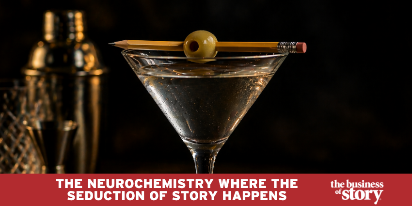 A martini glass with a pencil standing in place of the olive — a visual metaphor for the neuroscience of storytelling by Park Howell at The Business of Story, where narrative structure is the recipe that intoxicates an audience's brain.