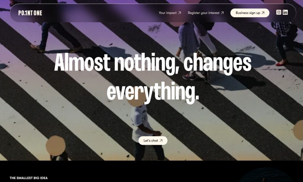 Point One World website — global business movement asking companies to commit 0.1% of revenue to fund the clean energy transition. Point One World homepage showing the "almost nothing changes everything" brand theme and the 0.1% corporate revenue pledge for clean energy funding through the Global Energy Alliance