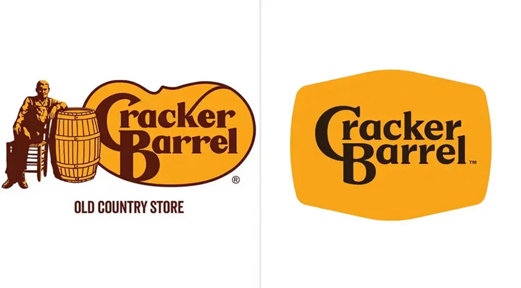 Cracker Barrel old logo with Uncle Herschel rocking chair versus 2025 minimalist wordmark rebrand -- brand debt governance failure