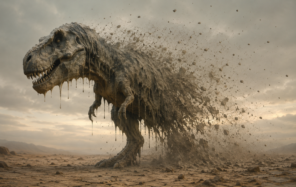 Brown dinosaur dissolving and blowing away in the wind -- AI-accelerated brand story erosion and narrative entropy