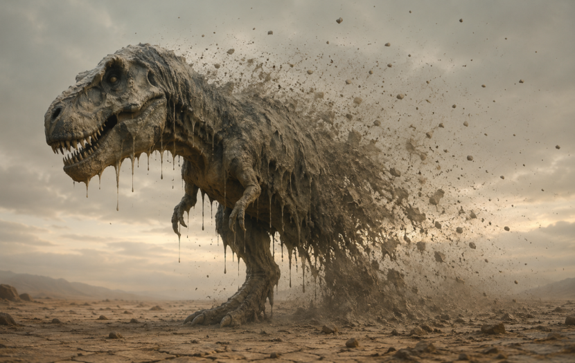 Brown dinosaur dissolving and blowing away in the wind -- AI-accelerated brand story erosion and narrative entropy