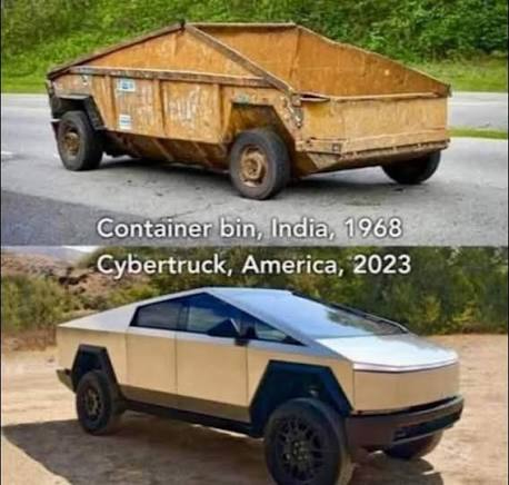 Tesla Cybertruck boxy stainless steel exterior — angular design compared to a dumpster, symbol of Brand Narrative Entropy
