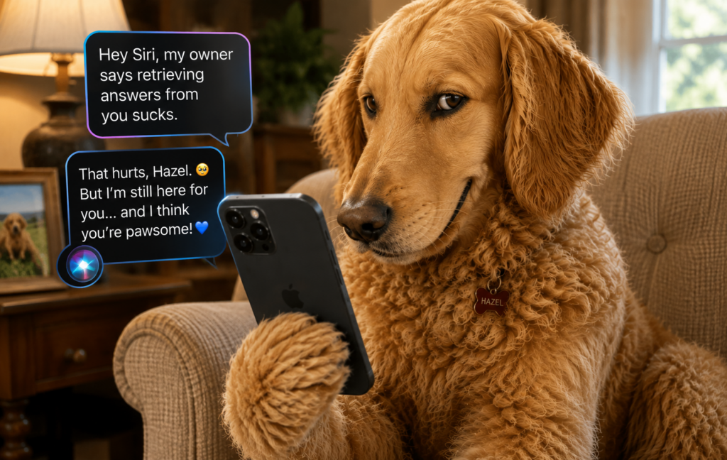 Photorealistic goldendoodle Hazel using an iPhone, asking Siri a question—Business of Story brand narrative entropy