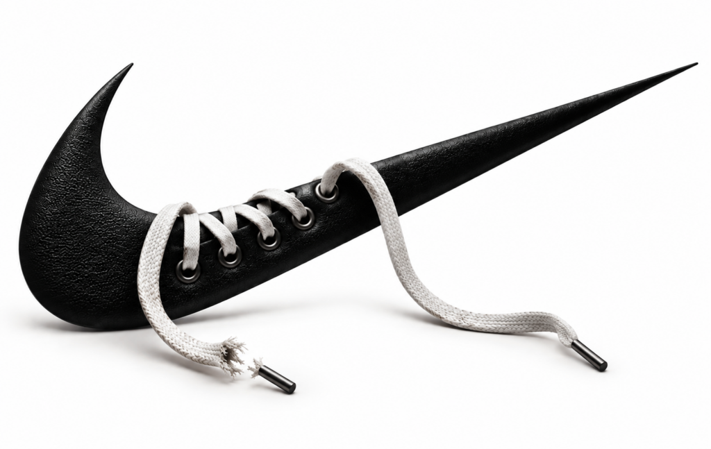 A worn Nike sneaker with untied, unraveling shoelaces against a dark background — symbolizing how Nike's brand story has lost its narrative direction without StoryOps™ governance, as analyzed by Business of Story.
