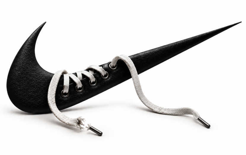 A worn Nike sneaker with untied, unraveling shoelaces against a dark background — symbolizing how Nike's brand story has lost its narrative direction without StoryOps™ governance, as analyzed by Business of Story.