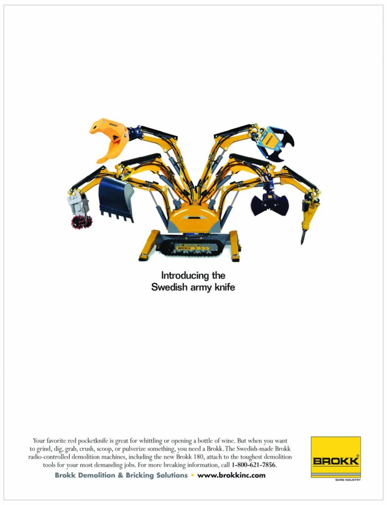 Brokk's "Swedish Army Knife" print ad: a demolition robot with octopus-like arms, by Park&Co, 2001