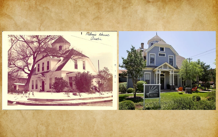 Side-by-side photos of the Whitley-Keltner House in Austin, in the early 1970s and today after its restoration by Red Fan