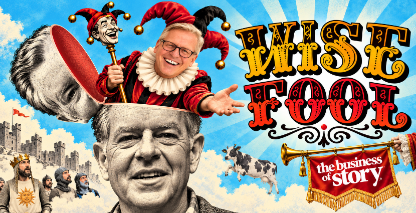 Monty Python-style illustration of Park Howell emerging from Joseph Campbell's head as the Wise Fool archetype