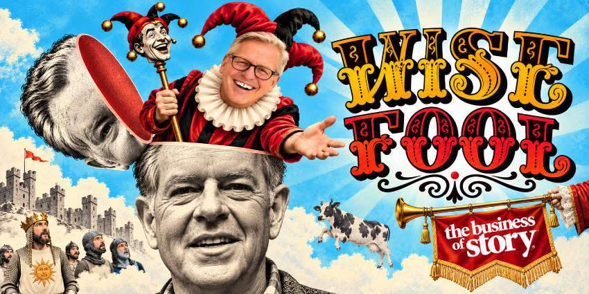 Monty Python-style illustration of Park Howell emerging from Joseph Campbell's head as the Wise Fool archetype